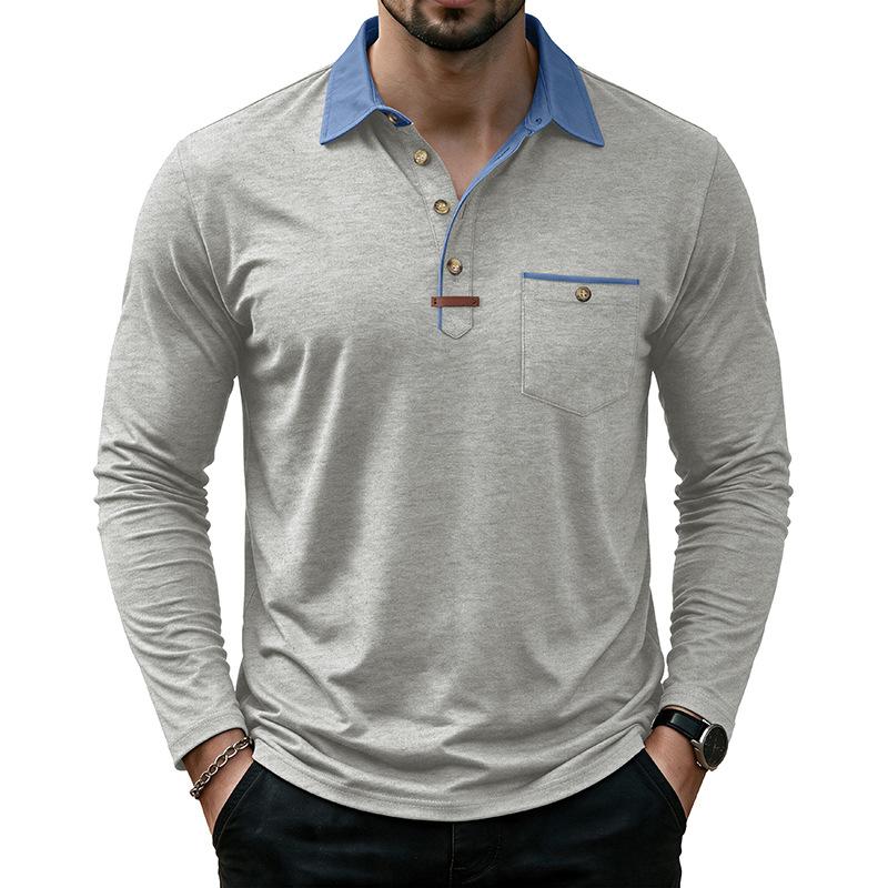 Mens Casual Long Sleeve Polo Shirts Contrast Lapel Button T Shirt with Chest Pocket Solid Color Daily Business Tops