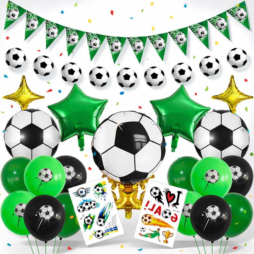 Soccer Themed Party Decorations Set with Balloons Banner Foil Stars and Soccer Ball Print Stickers for Birthday Event Celebration
