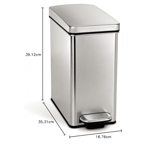 Simple Human 10-Liter Step Can Trash Can with Pedal-Operated Lid, Soft-Close, Antibacterial, Stainless Steel, 10L
