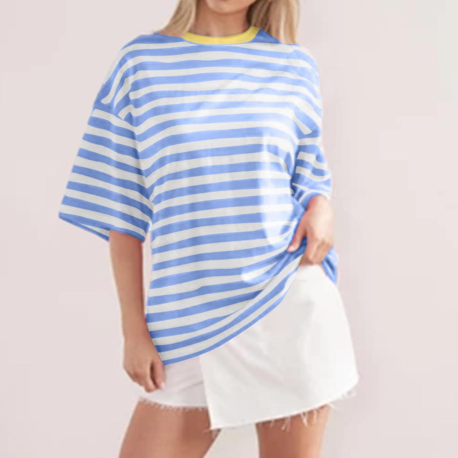 

Женские полосатые футболки с короткими рукавами большого размера, базовая рубашка с круглым вырезом и цветными блоками, повседневные летние футболки XL небесно-голубой