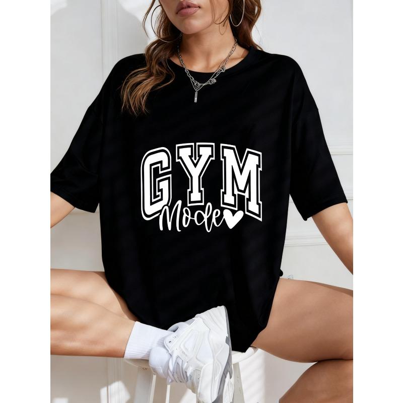 Vintage Black Oversized T-Shirt with American-Style "GYM Mode" Lettering + Heart Print – Sporty Vibrant Top