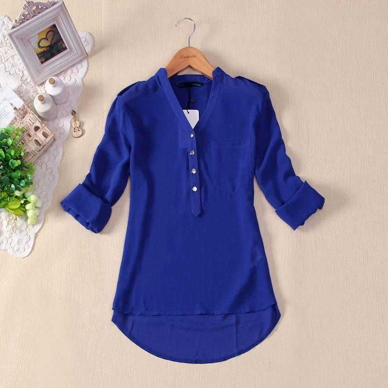 V Neck Chiffon Blouse With Large Pockets Loose Fit Long Sleeve Shirt For Women