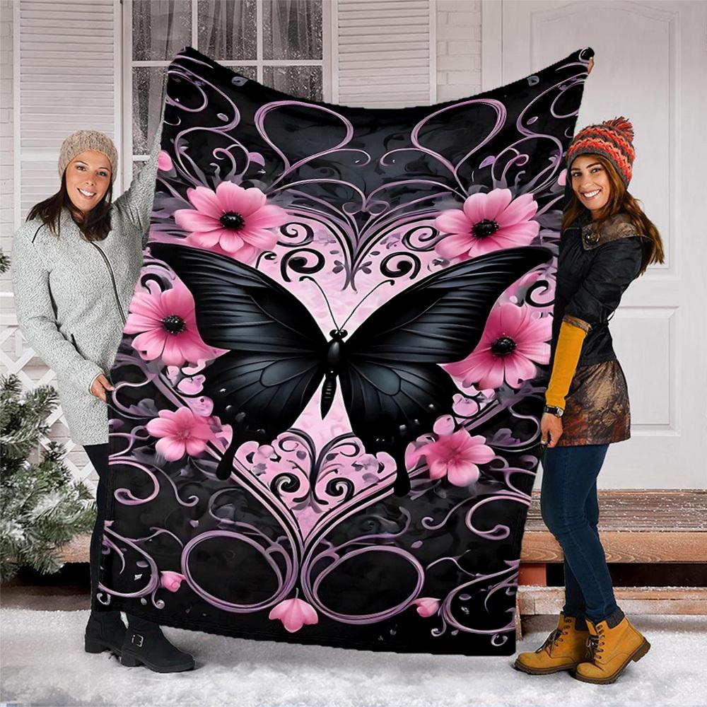 1pc Butterfly Floral Pattern Outdoor Flannel Blanket Soft All Season Polyester Throw , Perfect for Picnics & Travel , Picnic Accessory