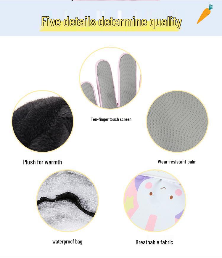 Pink Cartoon Fingerless Cotton Gloves for Girls - Windproof, Warm Winter Cycling and Outdoor Gloves for Primary School Students