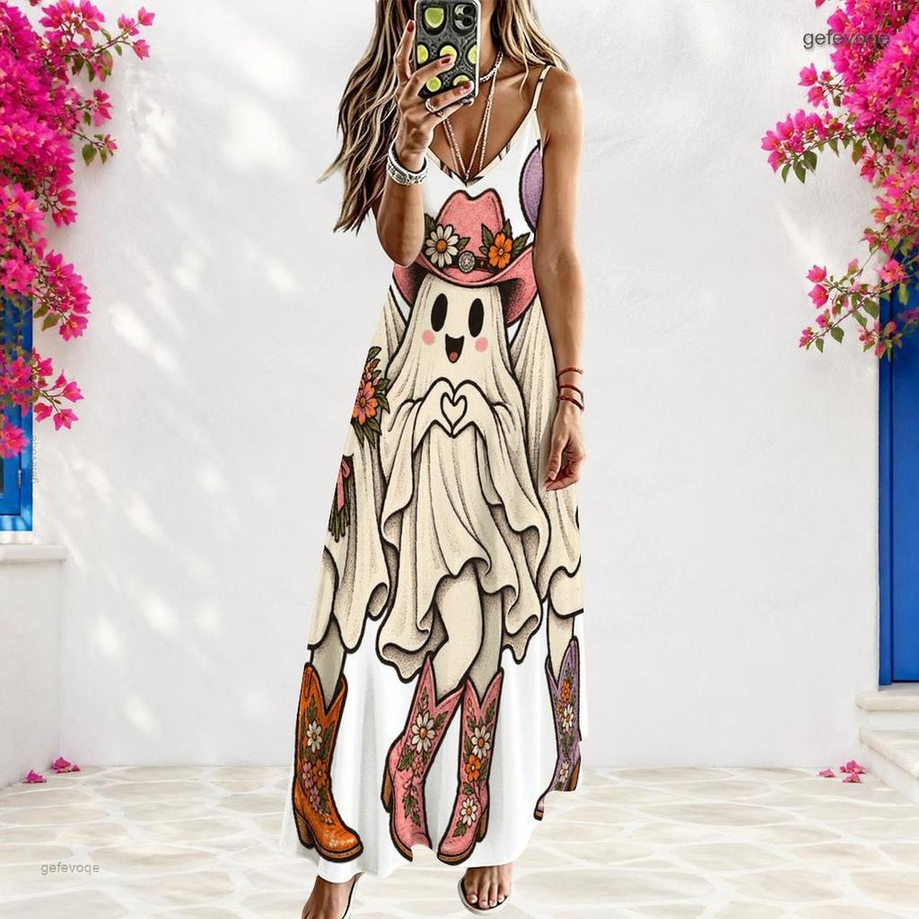 Women Plus Size V Neck Strappy Sleeveless A Line Long Halloween Pumpkin Printed Dress