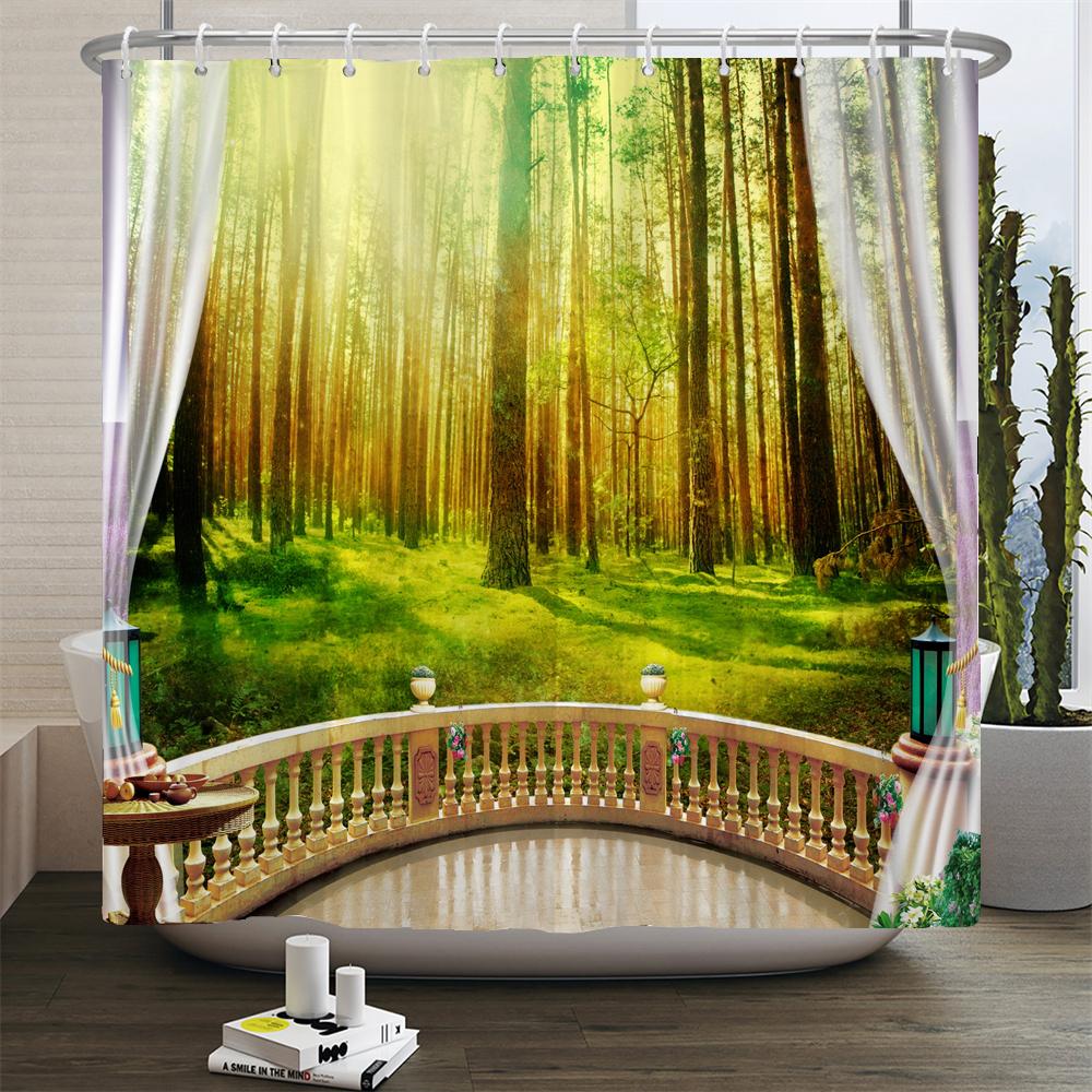 3D Waterproof Fabric Polyester Shower Curtains landscape Outside the Window Bathroom Curtains With Hooks Bathtub Decor Screen
