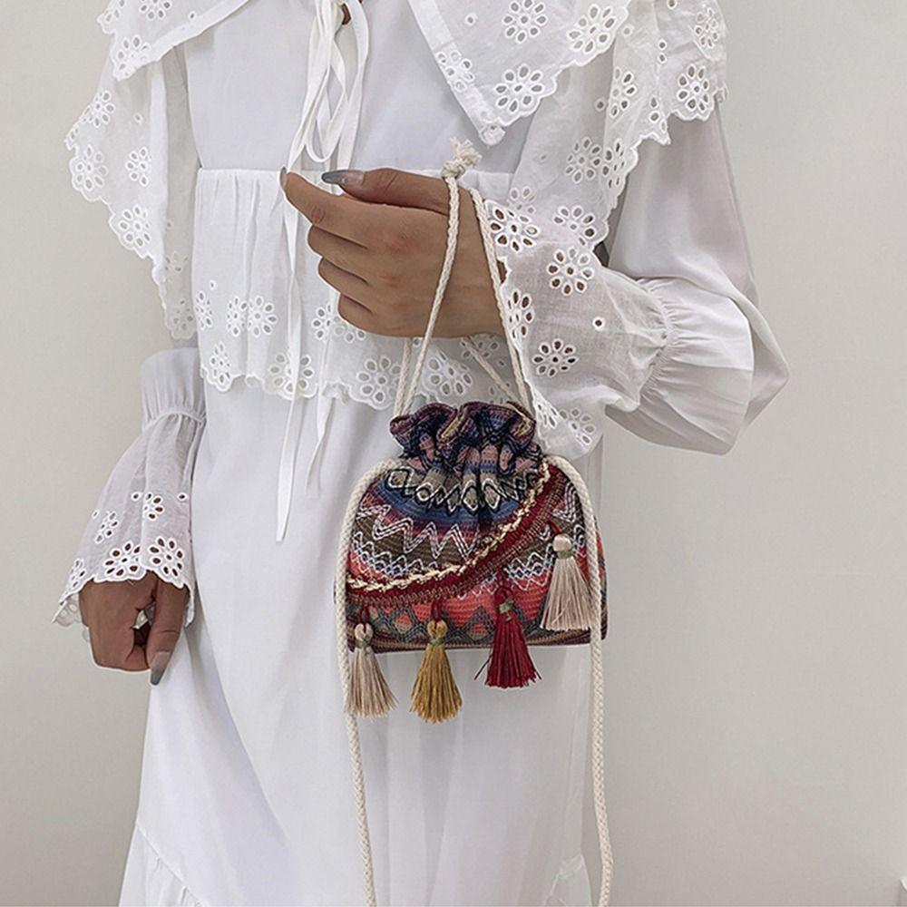 Colorful Female Crossbody Bag Floral Printed Women Shoulder Bag Woven Bucket Bag Travel
