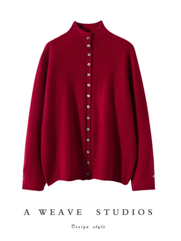 Design-Conscious Pure Cashmere Twelve-Stitch Roll-Edge Turtleneck Cardigan - Autumn/Winter Solid Color Loose Fit