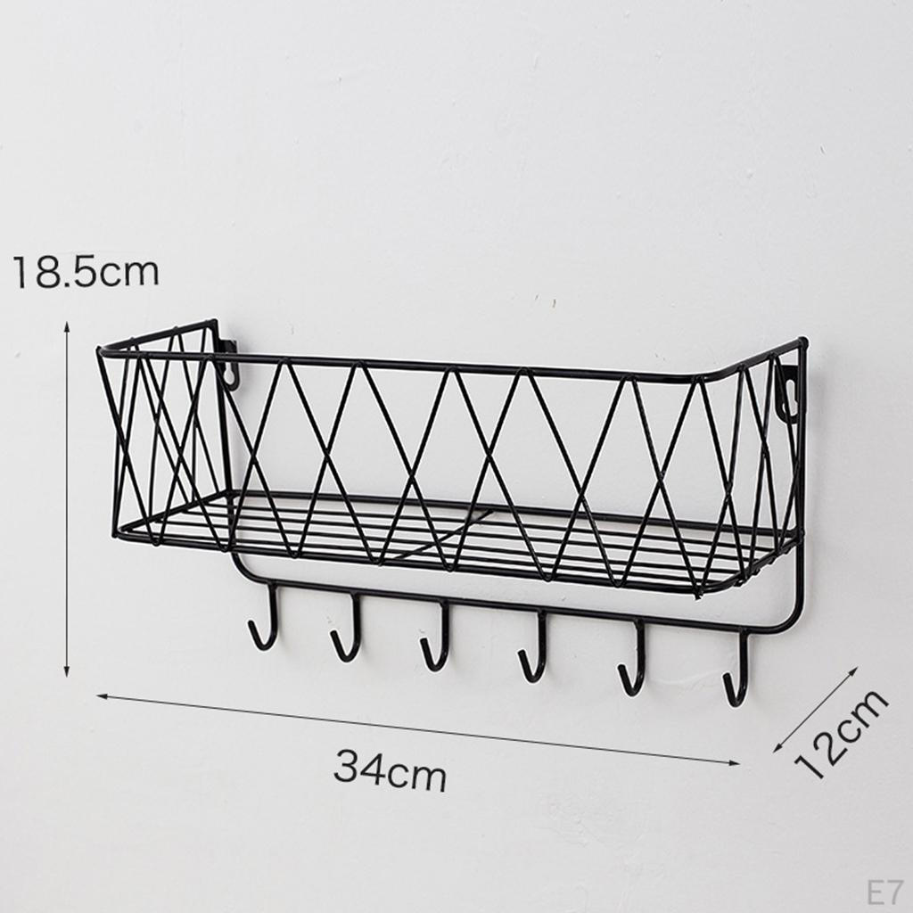 Bathroom Shelf, Kitchen Wall Spice Shelf with 6 Hooks & Rod Letter Tray