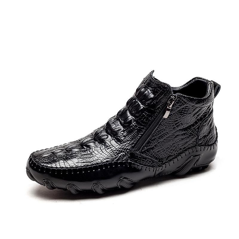 Men's Stylish High-Top Casual Shoes, Crocodile Embossed Cowhide Leather, Easy-Use Metal Zipper, Durable&Fashionable for Leisure