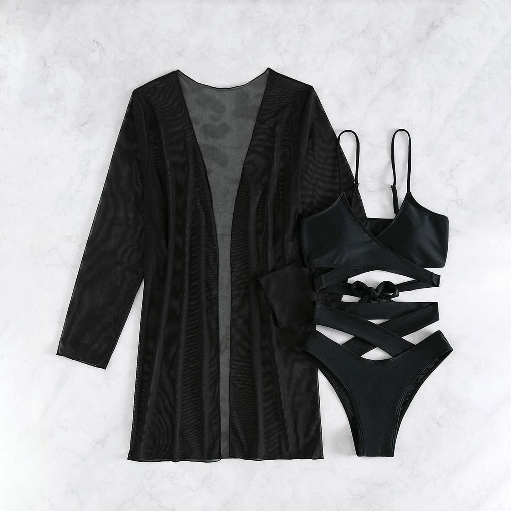 

Купальник женский, разделенный комплект из трех частей, с высокой талией, верхняя рубашка, черные костюмы бикини L чёрный