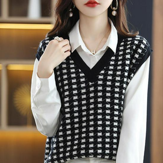 Autumn/Winter 2021 Long-Sleeve Square Collar Knit Wool Dress for Women - Knee-Length
