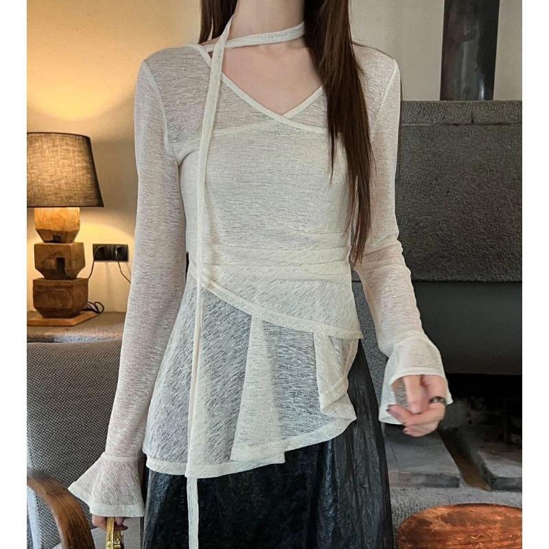 Autumn New Design Irregular Waist T-shirt Niche Elegant Ribbon Top for Women