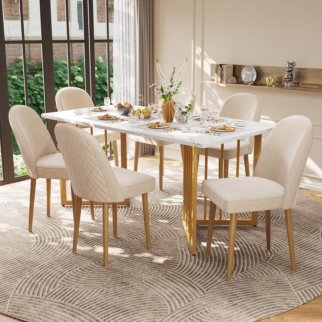 6 Dining Chairs, Modern Beige Velvet Dining Chairs, Gold Metal Legs, Fashionable and Comfortable, Suitable for Dining Room, Living Room and Study