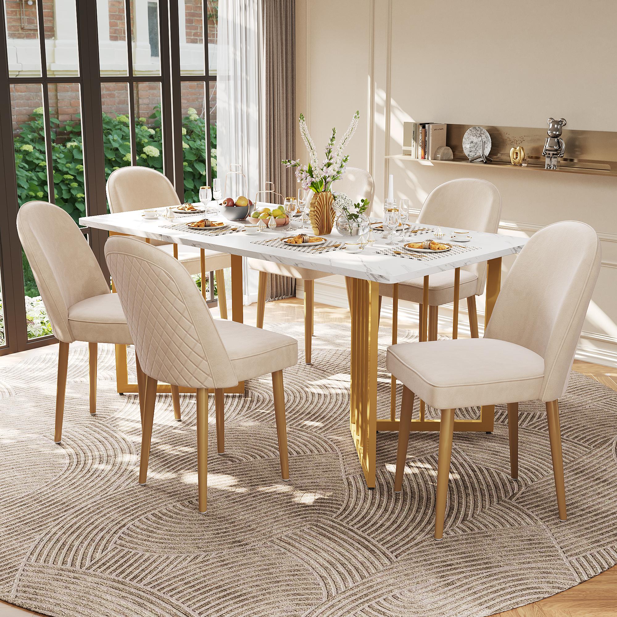 6 Dining Chairs, Modern Beige Velvet