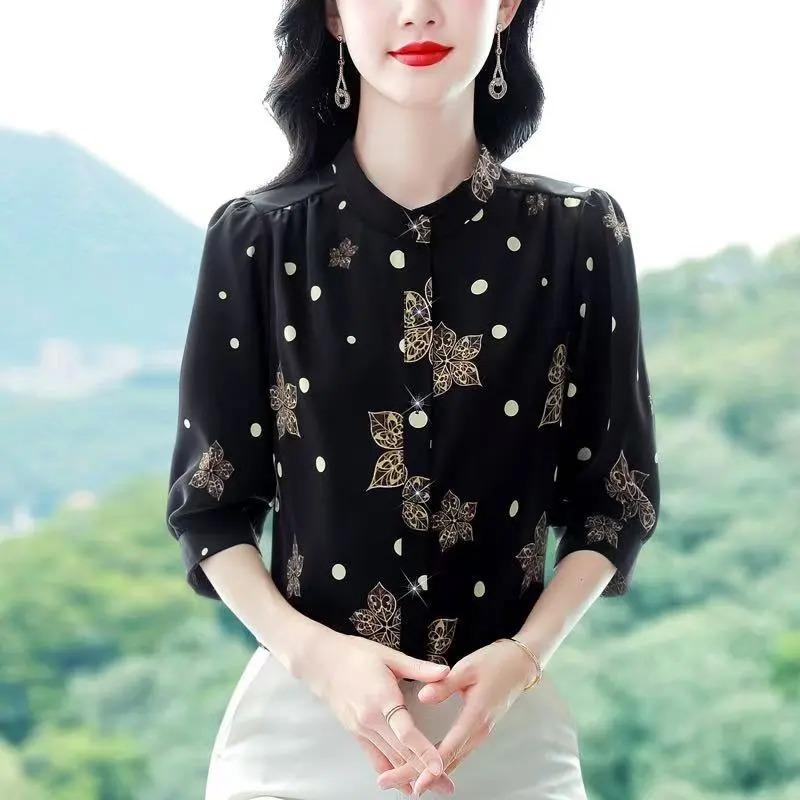 Counter Good Goods Cămășă de Mătase Hangzhou cu Mânecă Trei Sferturi Primăvară și Vară Nouă Bluză Largă Imprimată pentru Femei