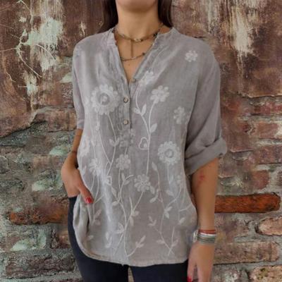 Women Shirt V-Neck Button Decor Half Sleeve Loose Fit Casual Shirt