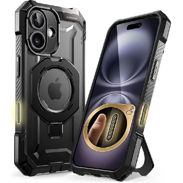 SUPCASE for iPhone 16 Plus Case with Camera Control Capture Button (Unicorn Beetle Grip), [Compatible with MagSafe] [Built-in Stand] Heavy Duty чёрный