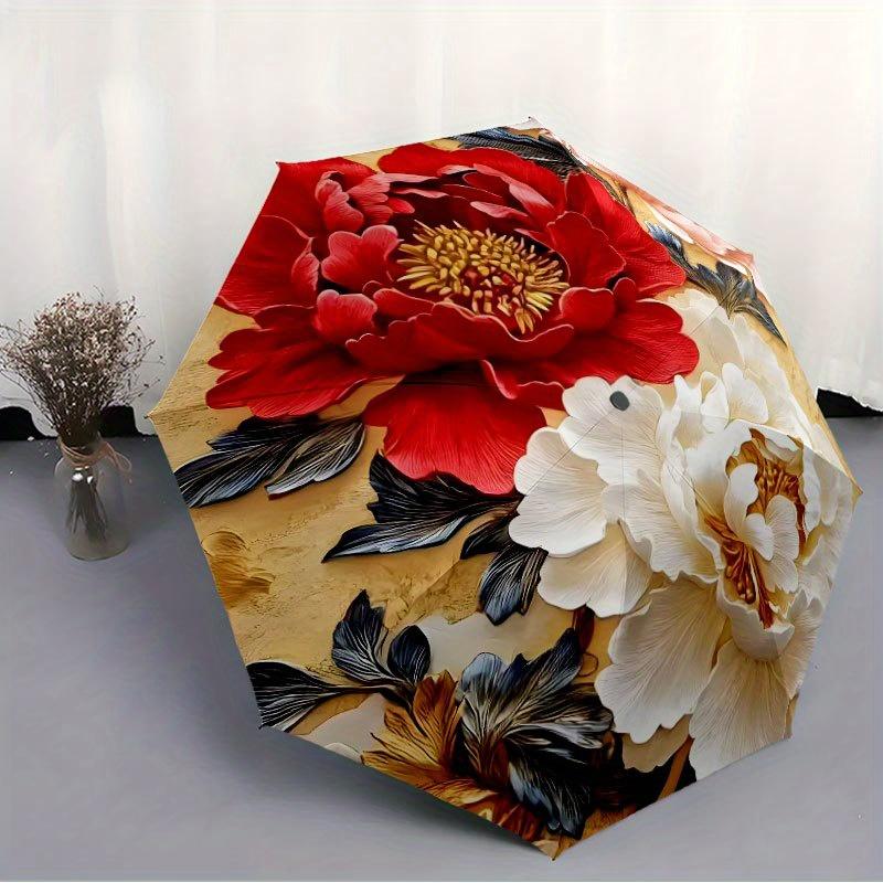 8-Rib Sturdy Peony Pattern Umbrella | Automatic Open, Foldable, Ideal for Outdoor Activities, Beach Travel, Fashionable and St