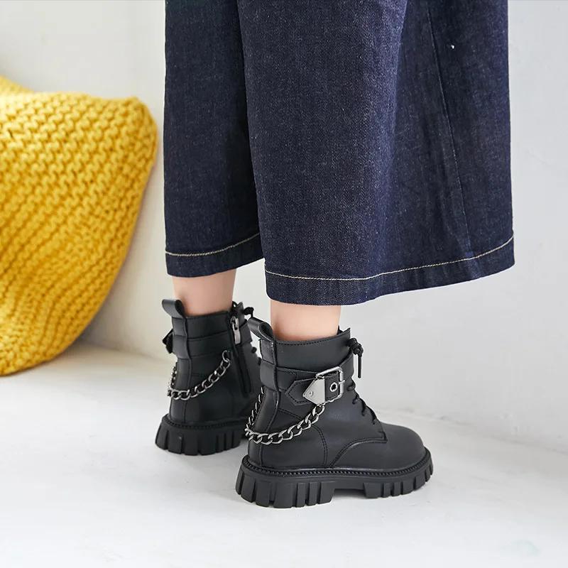 Children Boots Soft-soled Girls Tide Boots Autumn and Winter Warm British Style Boys Leather Boots Student Metal Chain Hot
