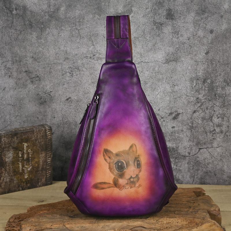 Johnature Retro Animal Printed Chest Bag Genuine Leather Handmade Cowhide Backpack Versatile Women's Crossbody Bags