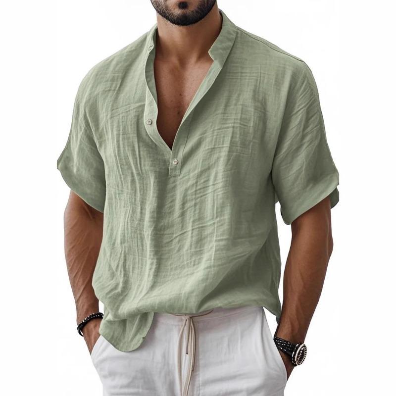 Men Mandarin Collar Short Sleeve Henley Shirt Crinkle Texture Casual Summer Top