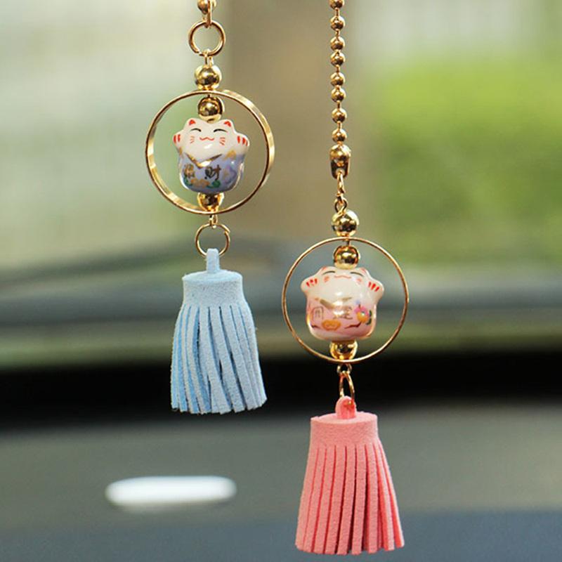 2Pcs Car Pendant Smiling Lucky Cartoon Cat  Decoration Auto Interior Rear view Mirror Fur tassels Hanging Ornament Accessories