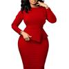 Women Elegant Office Long Sleeve High Waist Solid Bodycon Pencil Midi Dress