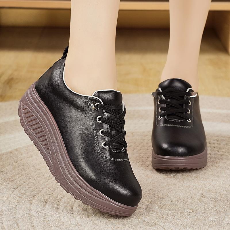 Women Platform Loafers Black Casual Leather White Shoes Thick Sole Height Increase Shake Shoes