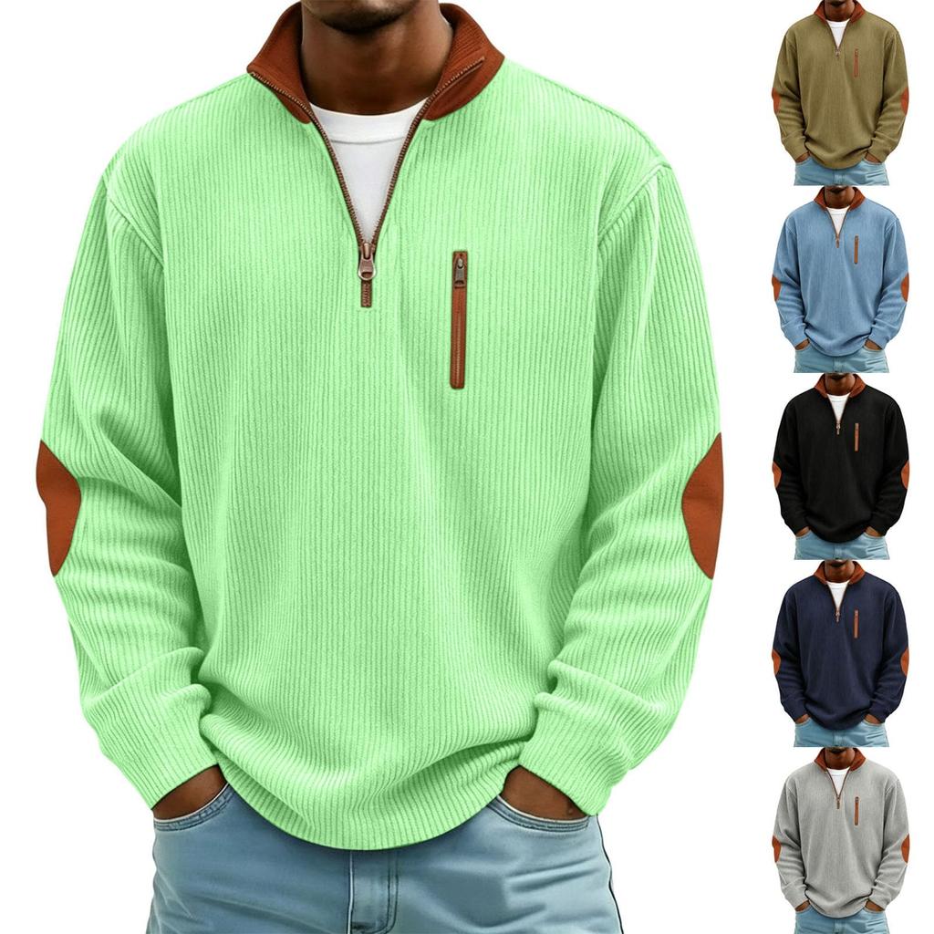Men's Corduroy Stand Up Collar Sweater Casual Top with Chest Zipper Pocket and Cuff Patches