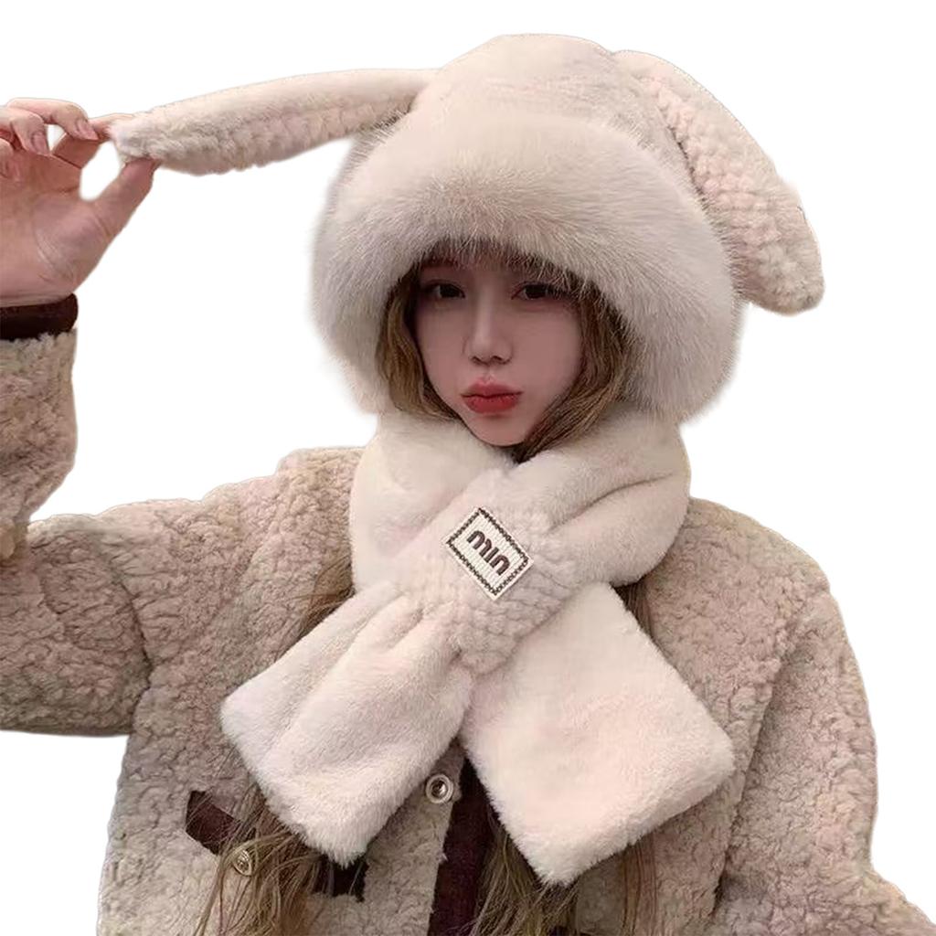 Women's Fleece Bunny Ear Hat Scarf Cute Animal Earmuffs with Neck Warmer Winter Soft Plush Beanie with Long Ears
