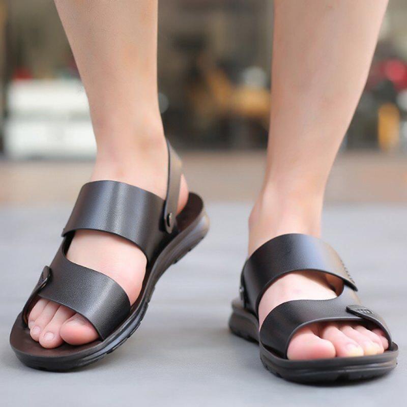 Pánské módní kožené sandály, prodyšné, protiskluzové, duté, ležérní kožené boty, venkovní plážové boty