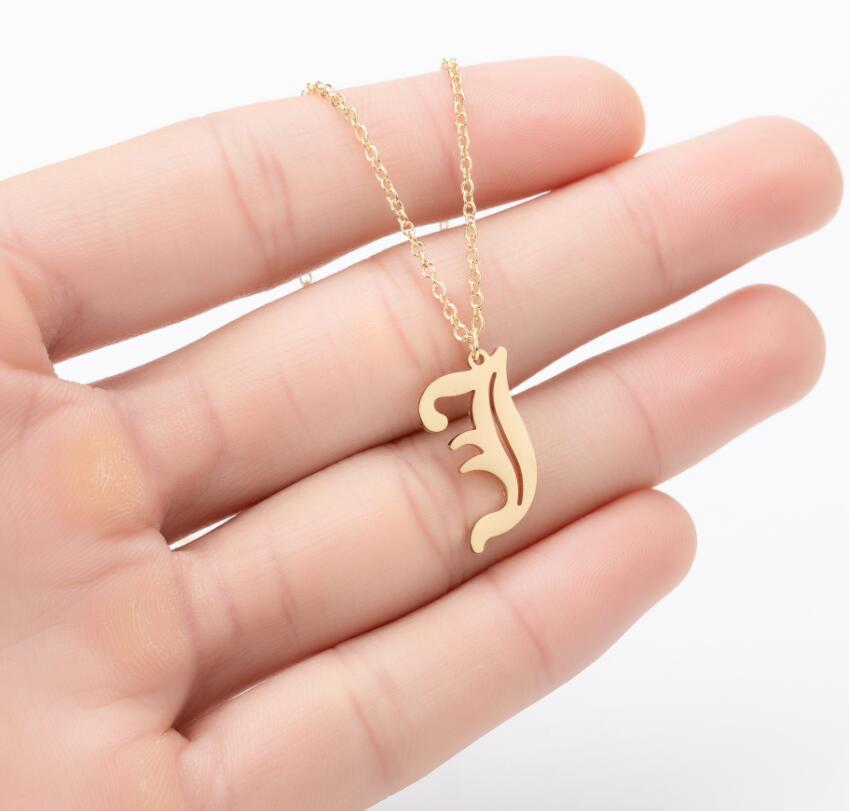 Gothic Old English Initial Necklace Stainless Steel Monogram 26 Letter Alphabet Necklace Jewelry Accessories Collier Femme