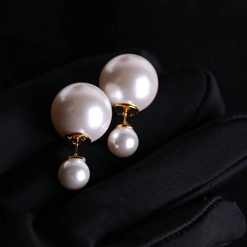S925 Silver Needle Double Head Pearl Stud Earrings Large Pearl Stud Earrings Premium Temperament Double Sided Pearl Earrings