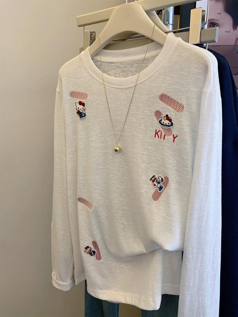 Plus Size Snowflake Cat Embroidery Long Sleeve T-shirt - Women's Autumn Korean Style