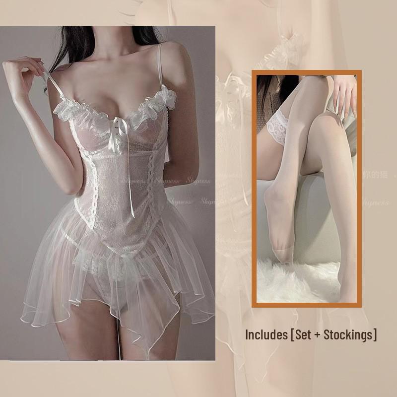 Plus Size Sheer Lingerie Princess Style Nightgown: Fishnet Strappy Design