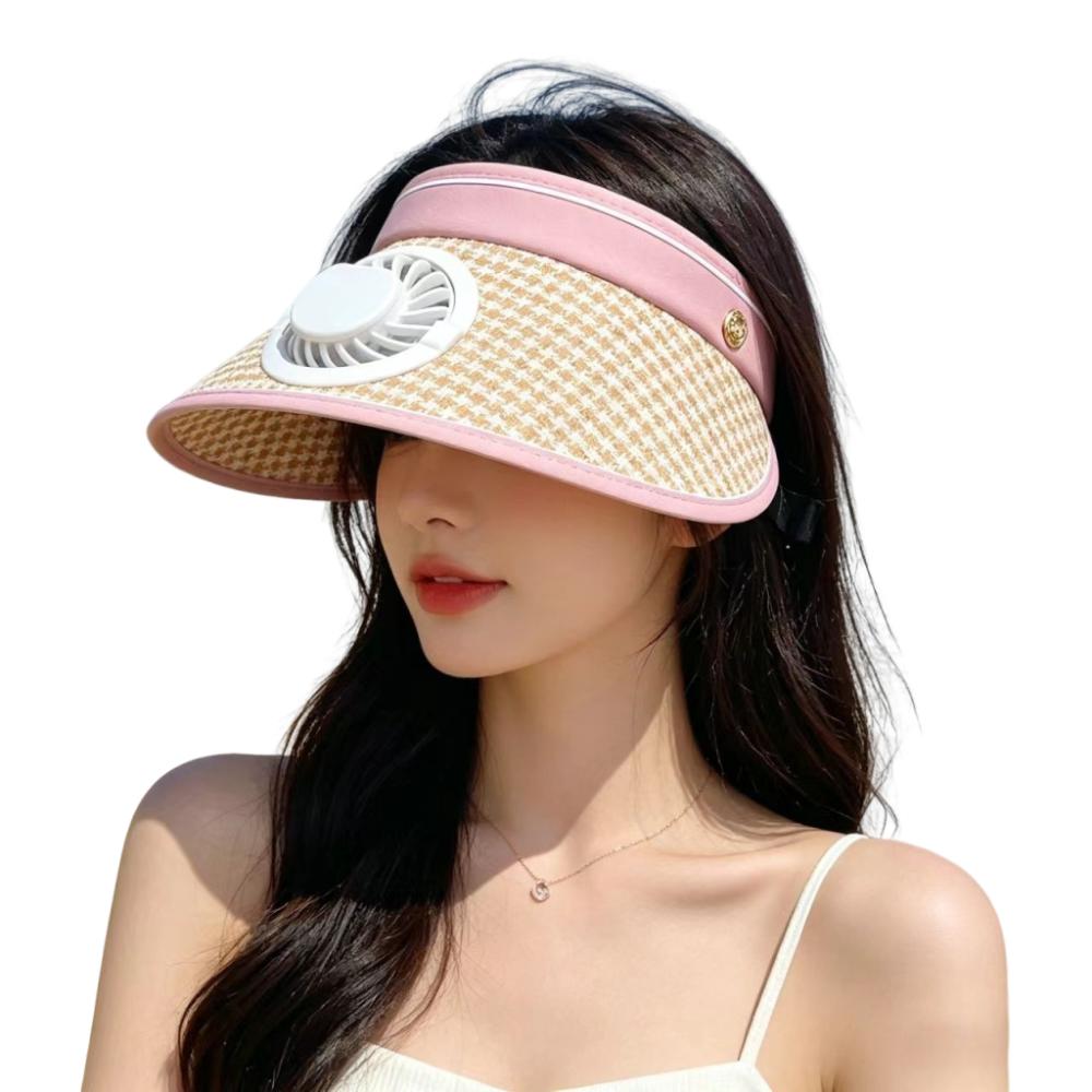 

Wide Brim Sun Hat with Fan Breathable Summer Fan Visor Cap Solar Fan Hat Camping Pink Rechargeable