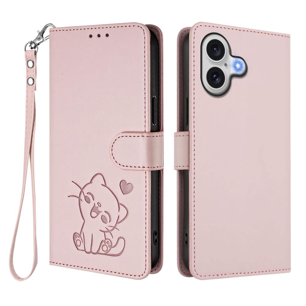 For iPhone 17 Wallet Case with Wrist Strap Love Cat Pattern Imprint Leather Phone Cover