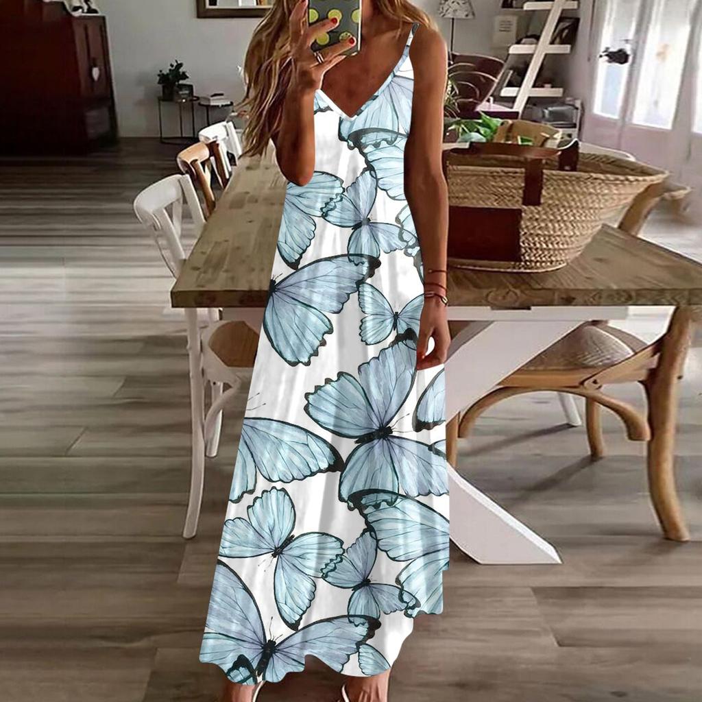 Women's Fashion Casual Sexy Printed V Neck Adjustable Straps A Line Dress