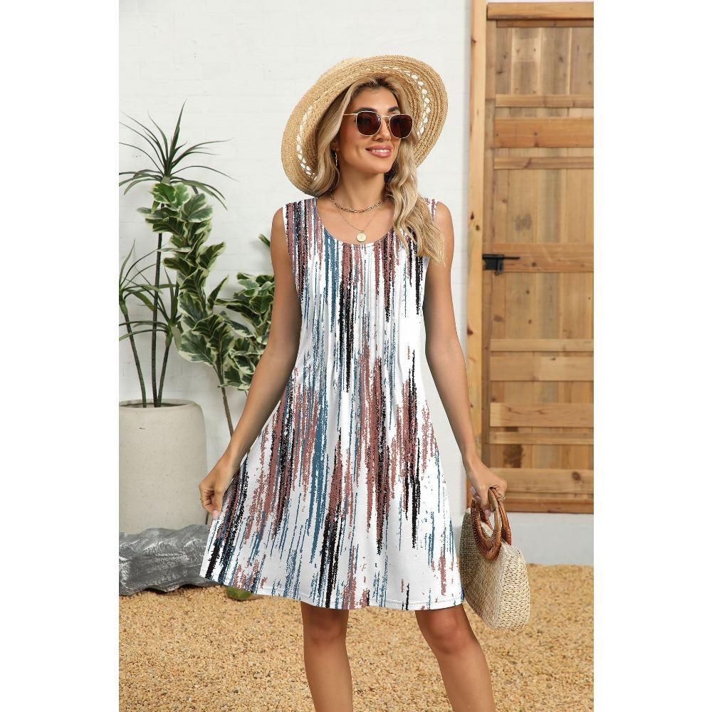 Damen Sommer Neues bedrucktes Tanktop Lockeres Kleid mit Tasche