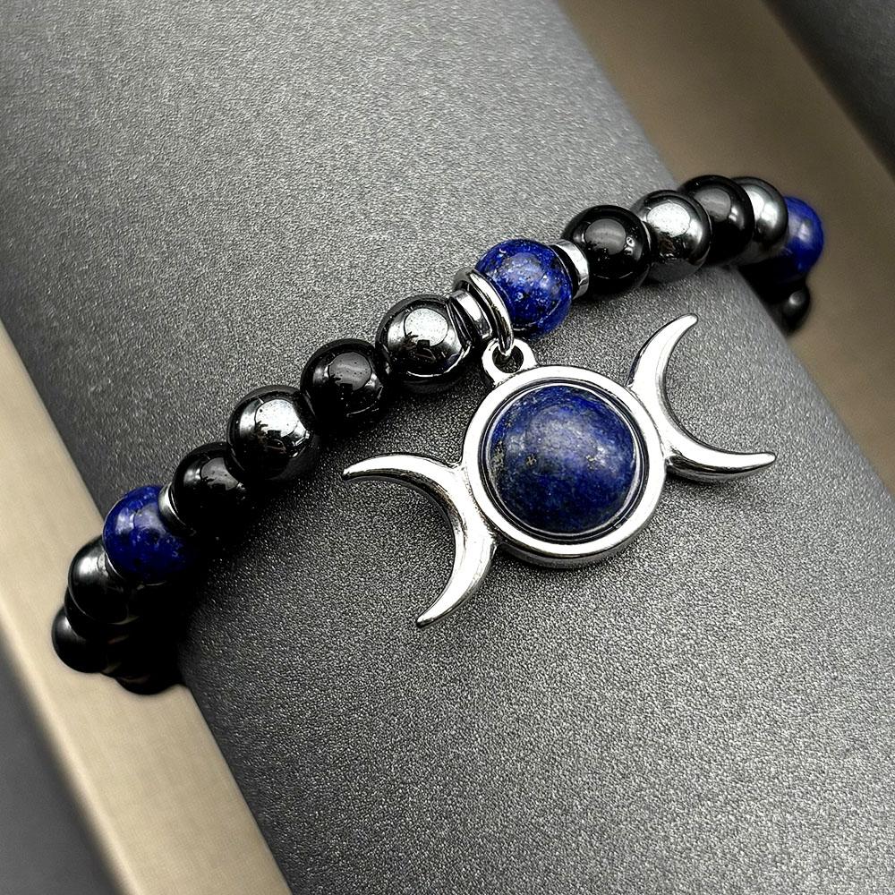 Witchcraft Triple Moon Stone Bracelets Wicca Stainless Steel Gold Color Triple Goddess Hematite Beaded Hand Chain Jewelry Gift