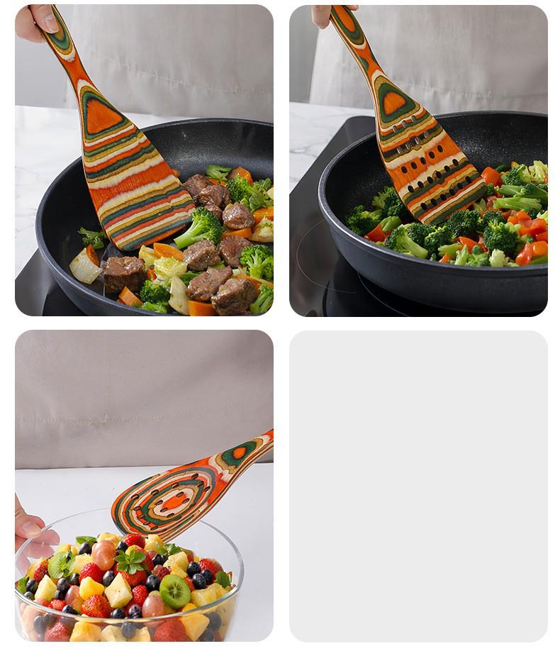 Colored Wooden Kitchen Set: Non-stick Ladle, Strainer, and Spatula.