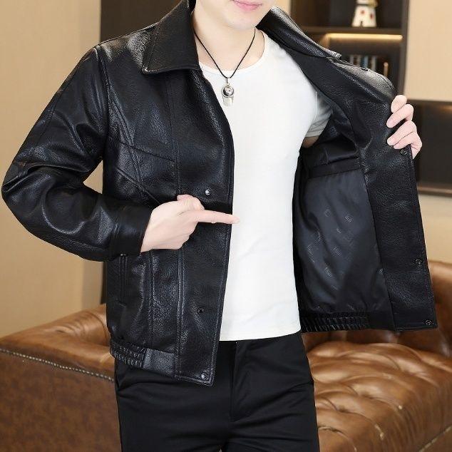 Winter Thickened Fleece Leather Jacket Men's Casual Thermal Locomotive Leather Jacket Two Lambskin Jackets