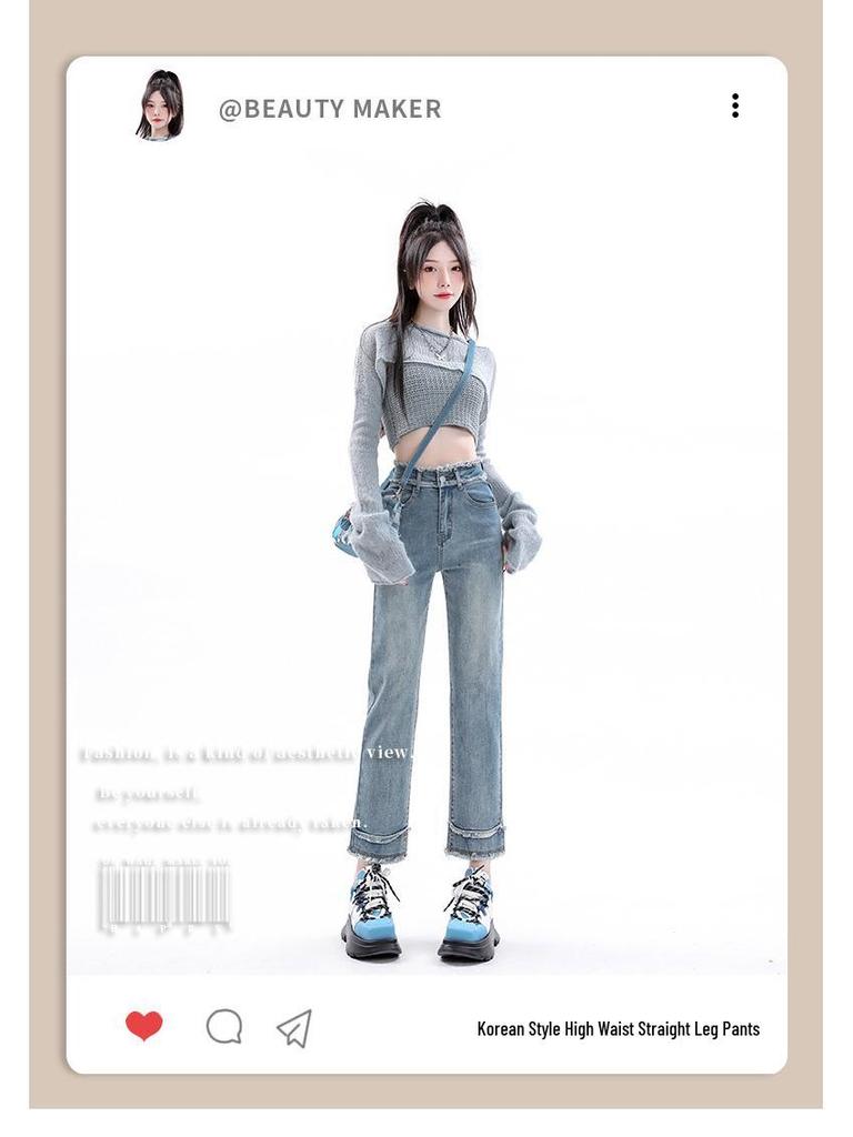 Damskie letnie dżinsy typu cigarette z prostą nogawką i wysokim stanem, w jasnym odcieniu