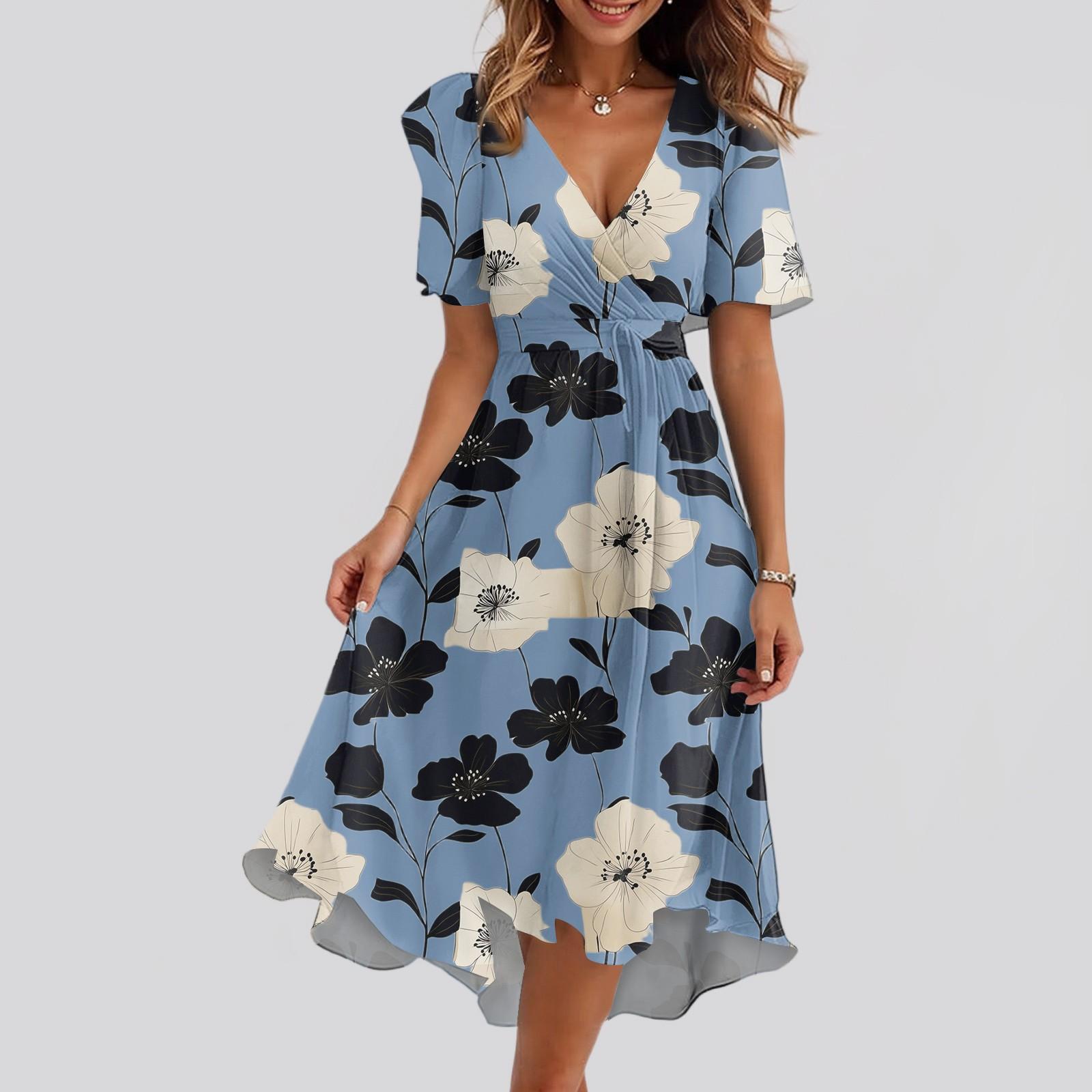 

Женское свободное повседневное платье с V-образным вырезом, расклешенная юбка, короткие рукава, напечатанное платье с принтом L