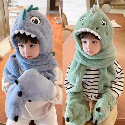 Bambini caldi invernali cappello caldo monopezzo ragazzi ragazze inverno cartone animato dinosauro peluche sciarpa monopezzo set bambini imbottito cappello cartone animato