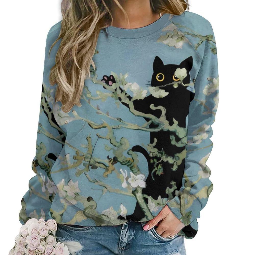 Cute Cat Floral Sweatshirts Flower 3D Print Women New O-Neck Hoodies Casual Streetwear Y2k Pullovers Harajuku Top Woman Clothing