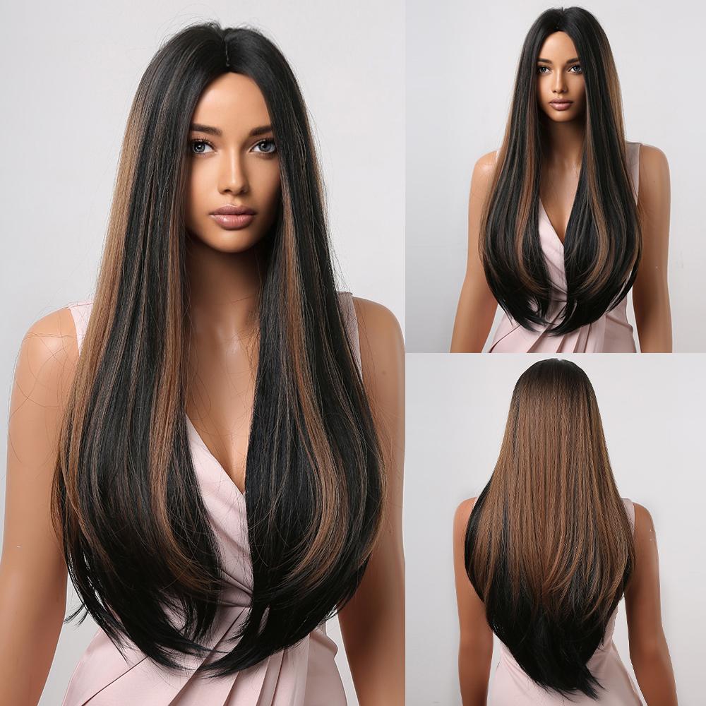 Long Straight Synthetic Wig with Bangs Dark Black Gray Hair Wigs for Women Cosplay Natural Hair Heat Resistant Layered Wigs
