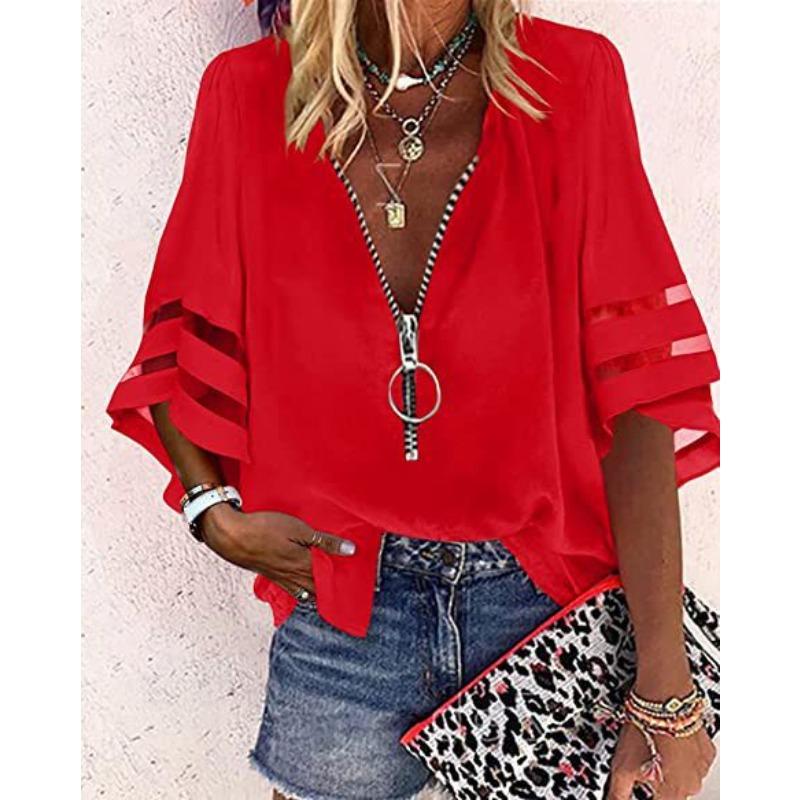 YYFS Women's Fashion Casual Summer Spring Solid Color Print 1/2 Sleeves V-Neck Blouses & Shirts