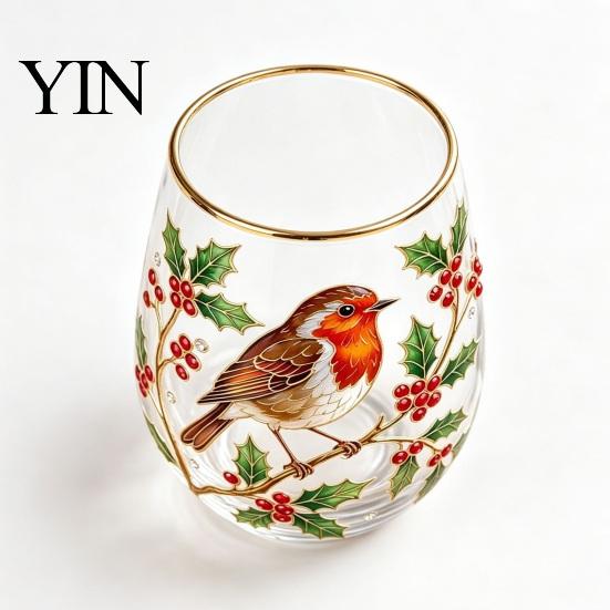 Liberty Bell Themed Glass Cup, Egg Shape Clear Lead-Free Crystal Enamel Painted Golden Rim Large Capacity Wine Vintage Drinking Tumbler, Glassware for
